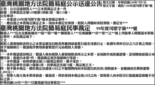 法院民事裁定公告本票裁定聲請強制執行登報 報紙徵人徵才求職廣告刊登 全國地方法院公告登報